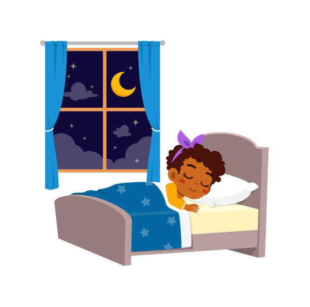 illustrazioni stock, clip art, cartoni animati e icone di tendenza di piccolo bambino dormire nella stanza di notte - ora di andare a letto