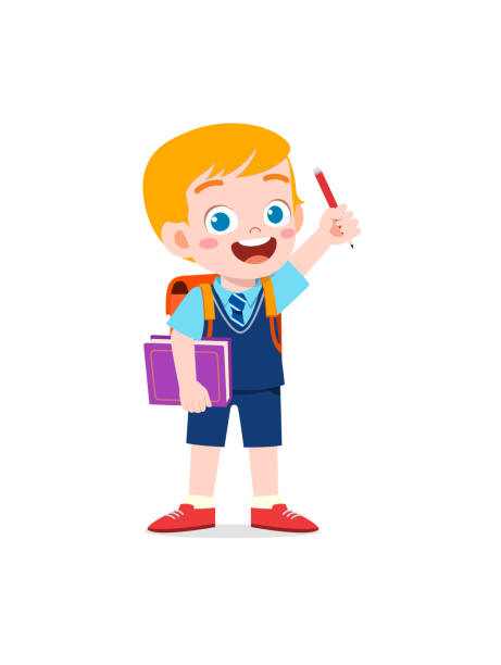 ilustrações de stock, clip art, desenhos animados e ícones de little kid wear uniform and ready to school - backpack student report card education