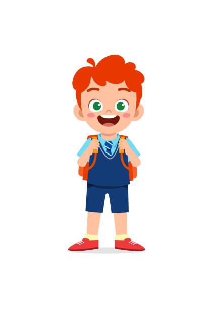 ilustrações de stock, clip art, desenhos animados e ícones de little kid wear uniform and ready to school - backpack student report card education