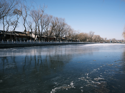 Frozen Shichahai (lake) in Beijing, China.