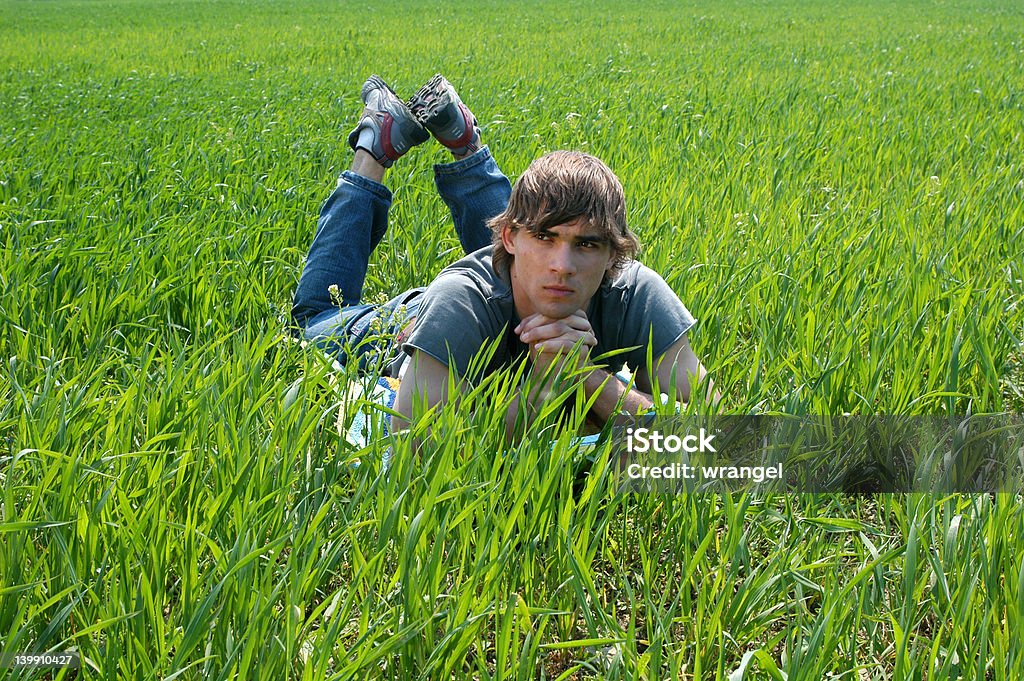 Young Man at the Green Grass Young man laying on the green meadow. Adult Stock Photo