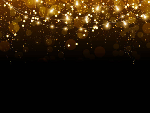 confetti glitter emas jatuh pada latar belakang vektor hitam. kartu desain mewah berkilau emas bersinar - berwarna emas ilustrasi stok