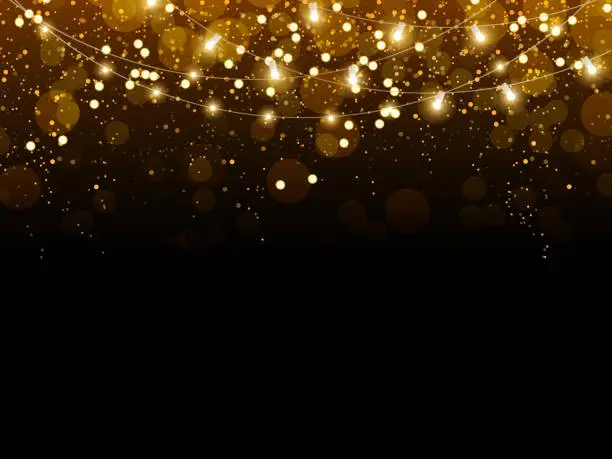 Vector illustration of Golden glitter confetti falling on black vector background. Shining gold shimmer luxury design card
