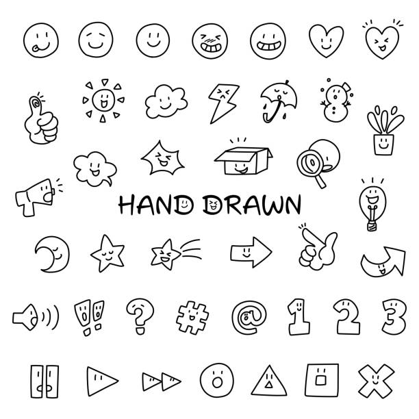 satz niedlicher handzeichnung. emoji, wettersymbole, zahlen, formen. - hashtag doodle text black stock-grafiken, -clipart, -cartoons und -symbole