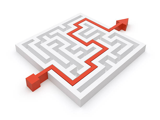Maze clever solution Red arrow show solution for maze of problems maze road street confusion stock pictures, royalty-free photos & images