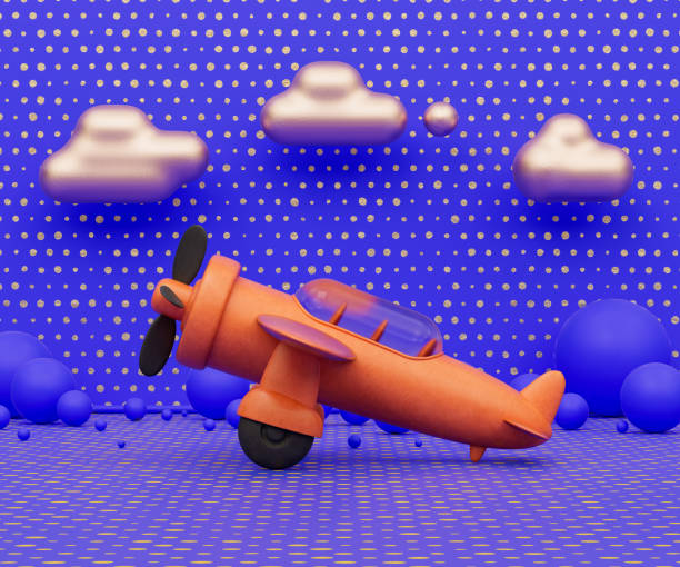 istock Orange single propeller airplane toy in purple background, kids playground object, 3d Rendering 1399111975