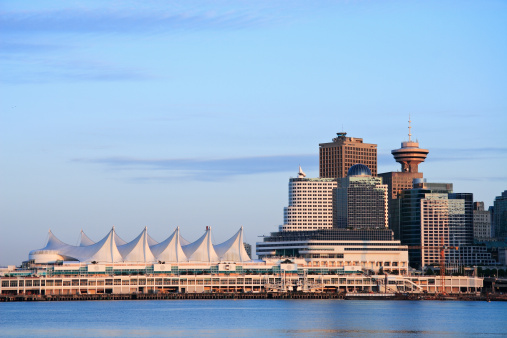 Downtown Vancouver. Canada Place. Sunset light.