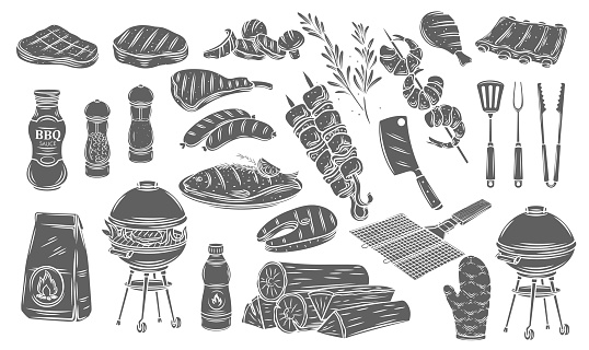 BBQ party glyph icons set, barbecue, grill or picnic. Grilled salmon, sausage, vegetables, meat steak and shrimp cut silhouette illustration. Barbecue tools.