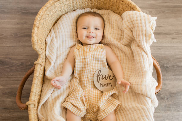 A 5-Month-Old Baby Boy Sticking His Tongue Out While Wearing a Yellow Plaid Outfit & Laying in a Cozy Cream Striped Cotton Blanket in a Seagrass Moses Basket A 5-Month-Old Baby Boy Sticking His Tongue Out While Wearing a Yellow Plaid Outfit & Laying in a Cozy Cream Striped Cotton Blanket in a Seagrass Moses Basket. moses basket stock pictures, royalty-free photos & images
