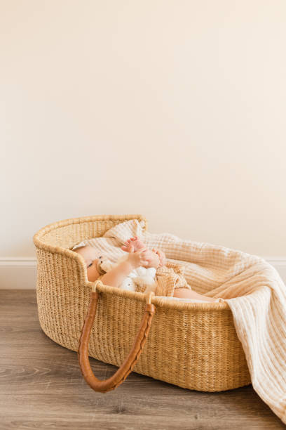 A 5-Month-Old Baby Boy Wearing a Yellow Plaid Outfit & Laying in a Cozy Cream Striped Cotton Blanket in a Seagrass Moses Basket A 5-Month-Old Baby Boy Wearing a Yellow Plaid Outfit & Laying in a Cozy Cream Striped Cotton Blanket in a Seagrass Moses Basket. moses basket stock pictures, royalty-free photos & images