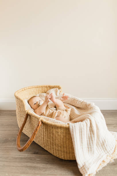 A 5-Month-Old Baby Boy Wearing a Yellow Plaid Outfit & Laying in a Cozy Cream Striped Cotton Blanket in a Seagrass Moses Basket A 5-Month-Old Baby Boy Wearing a Yellow Plaid Outfit & Laying in a Cozy Cream Striped Cotton Blanket in a Seagrass Moses Basket. moses basket stock pictures, royalty-free photos & images