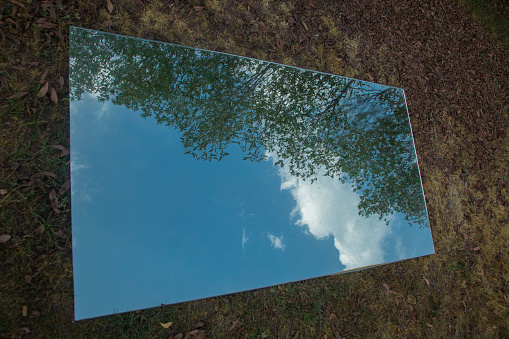 Sky's reflection in a mirror on the ground with trees and clouds