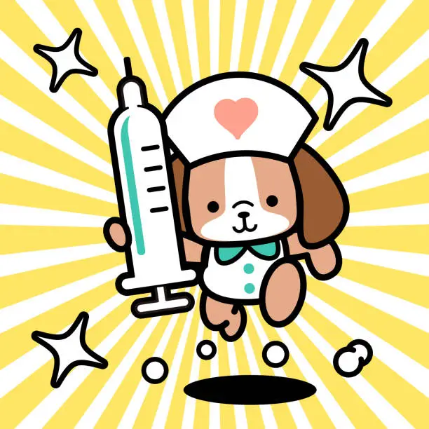 Vector illustration of A cute dog nurse is holding a big syringe and running toward the camera