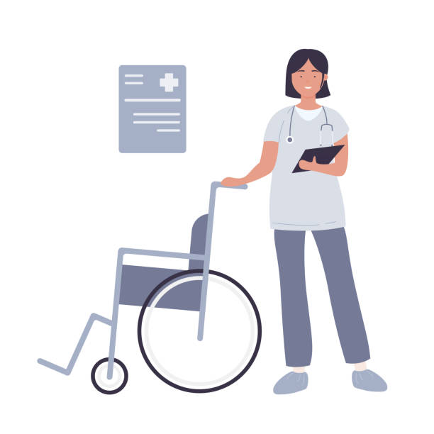 stockillustraties, clipart, cartoons en iconen met hospital medical smiling nurse with wheelchair - wijkverpleging