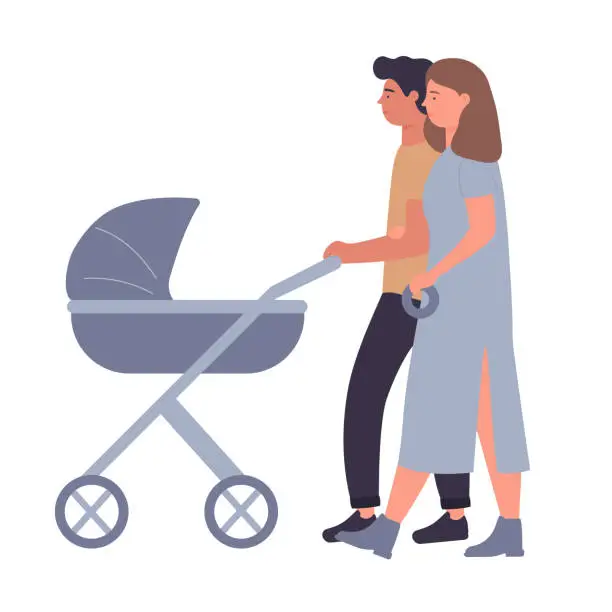 Vector illustration of Young couple parents walking with baby carriage