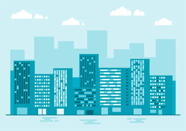 Vector illustration of Urban landscape with modern riverside buildings. Cityscape in minimal flat design.