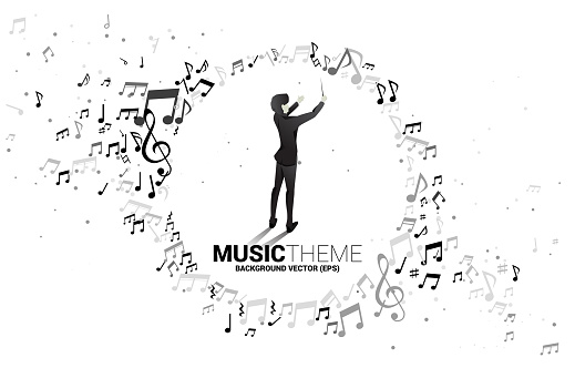 Vector silhouette of conductor with music melody note dancing flow . Concept background for classic music concert and recreation.