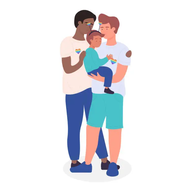 Vector illustration of Gay couple standing together with adopted child