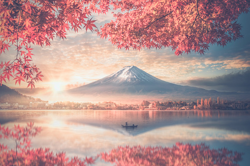 Colorful Autumn Season and Mountain Fuji with morning fog and red leaves at lake Kawaguchiko is one of the best places in Japan