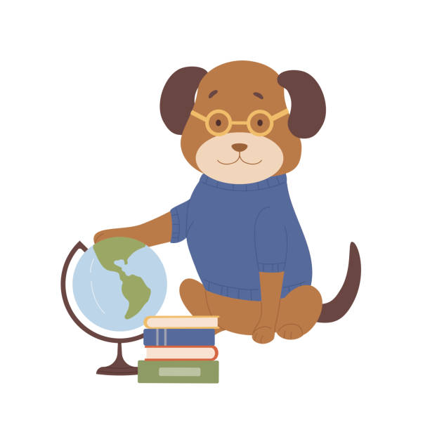 süßer hund mit brille mit geographie-globus - dog graduation hat school stock-grafiken, -clipart, -cartoons und -symbole