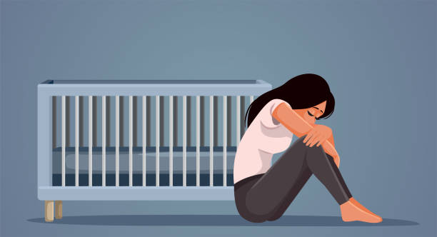 Woman Suffering from Postpartum Depression Vector Cartoon Illustration Grieving mother suffering from losing her child mourning illustrations stock illustrations