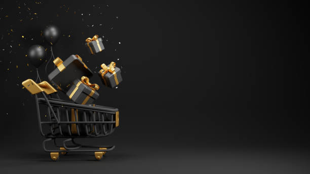 black friday sale design of shopping cart and gift box with confetti on black background 3d render - black friday stockfoto's en -beelden