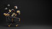 Black friday sale design of shopping cart and gift box with confetti on black background 3D render