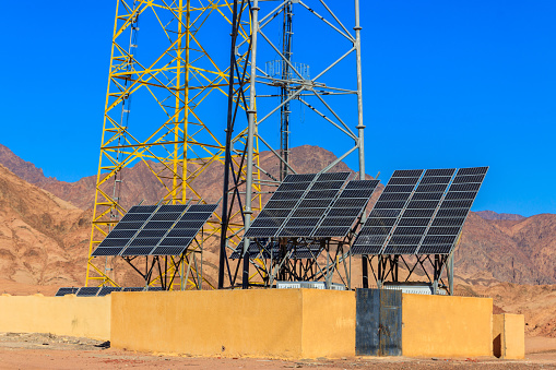 Solar panels in a bedouin village in Sinai desert, Egypt. Renewable energy