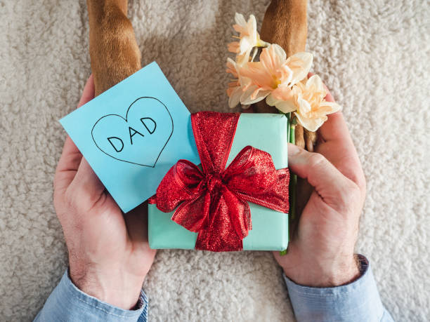 istock Dog paws, male hands and gift box 1399127612