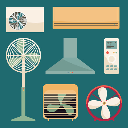 Air ventilator cartoon vector set. Vector illustration of ventilator equipment.Isolated cartoon set of air fan system.