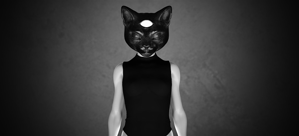 Woman in a Gothic Dusty Iron Cat Face Mask Feline Egypt Goddess Bastet with Mystic Third Eye Black and White 3d illustration render
