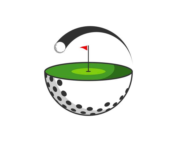 halber golfball mit feld auf der oberseite - golf golf club luxury golf course stock-grafiken, -clipart, -cartoons und -symbole