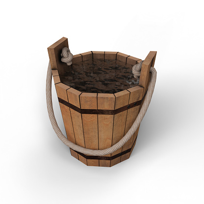 Wooden Bucket Filled with Water. 3D Illustration. File with Clipping Path.