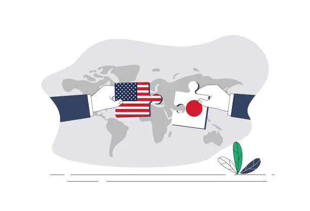 Vector illustration of American flag and Japanese flag puzzle.