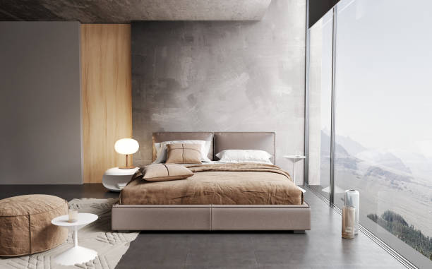 Bedroom interior with concrete wall decorate , side lamps and mountain view from large window.3D illustration