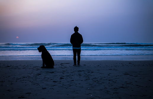 Silhouette of teenage boy and dog on beach during sunrise. Cabo de Gata Nature Park, Almeria, Spain