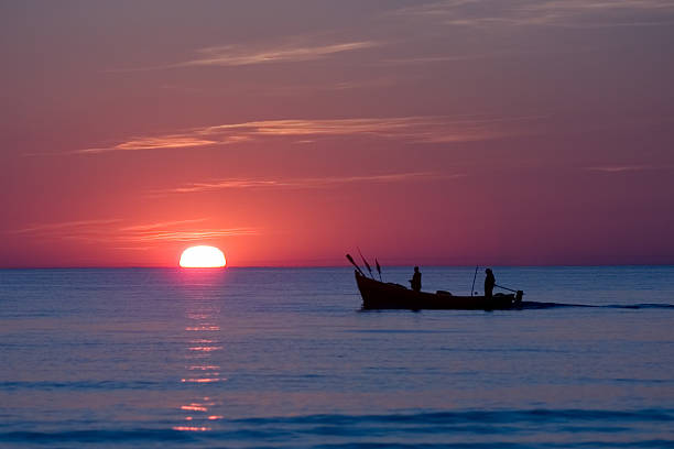 Fishing at sunrise stock photo