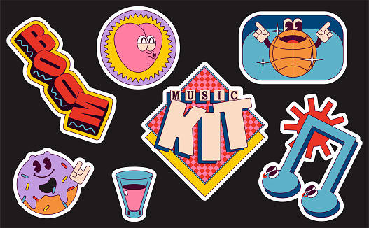 Set of various patches, pins, stamps or stickers. Abstract funny cute comic characters. Various phrases and words.