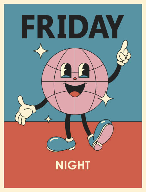 Illustration with the inscription, smiling disco ball. Friday night. Colorful hippie poster. Vintage template for graphic prints on t-shirts in pastel colors. Retro background in 1970s style. cartoon t shirt design stock illustrations