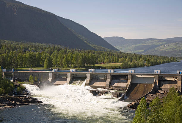 Panoramic view of water spilling over a dam at a power plant A small dam and power plant in Gudbrandsdal, close to Lillehammer, eastern Norway. Horizontal image. hydroelectric power photos stock pictures, royalty-free photos & images
