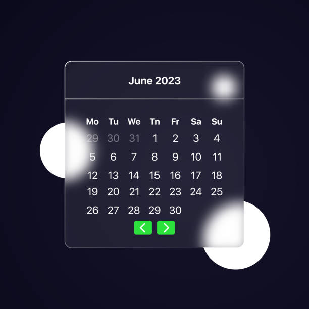 Calendar 2023 year. June month. Glassmorphism style. Can be used for business presentation or advertising. Vector illustration Calendar 2023 year. June month. Glassmorphism style. Can be used for business presentation or advertising. Vector illustration. june stock illustrations