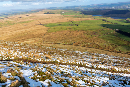 Reservoirs beneath Pendle Hill near Clitheroe in Lancashire, England.