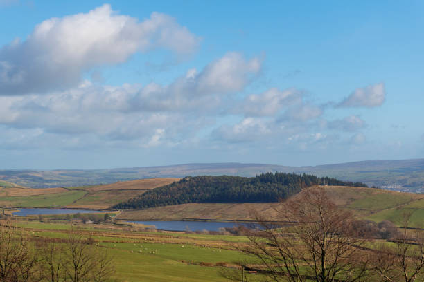 reservoirs seen from pendle hill near clitheroe in lancashire, england. - pendle imagens e fotografias de stock