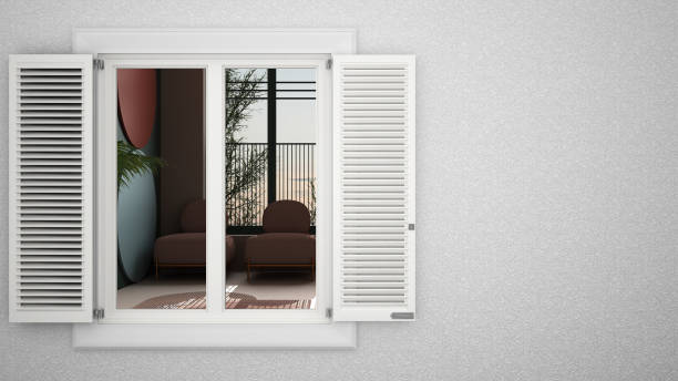 istock Exterior plaster wall with white window with shutters, showing interior colored living room, blank background with copy space, architecture design concept idea, mockup template 1399137426