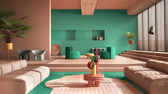Sala de estar contemporánea de colores, colores turquesa pastel, sofá, sillón, alfombra, mesas, escalones y plantas en macetas, lámparas colgantes de cobre. Ambiente de diseño de interiores, idea de arquitectura photo