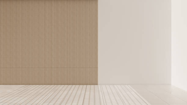 istock Empty room interior design, open space with marble tiled floor, white and wooden walls, modern architecture idea 1399137440
