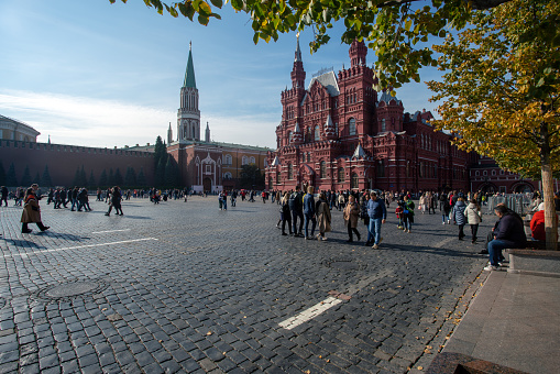Moscow, Russia - October 03, 2021: Red square in the Moscow with a lot of incidental people