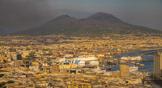 Panorama of Naples.Visible fire in the city center