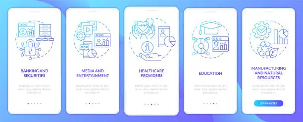 Vector illustration of Big data applications types blue gradient onboarding mobile app screen
