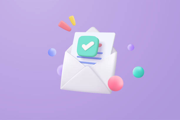 ilustraciones, imágenes clip art, dibujos animados e iconos de stock de icono de sobre de correo 3d con nuevo mensaje de notificación en fondo púrpura. carta de correo electrónico mínima con icono de lectura de papel de carta. concepto de mensaje representación vectorial 3d fondo pastel aislado - send